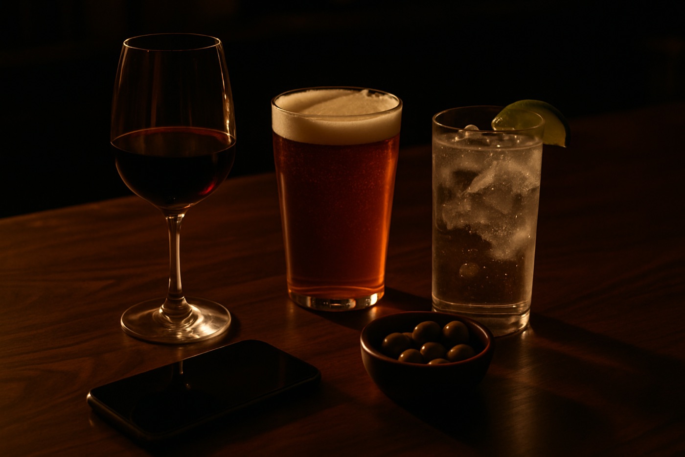 A glass of red wine, a pint of beer and a gin and tonic on a dark wooden bar with a bowl of olives