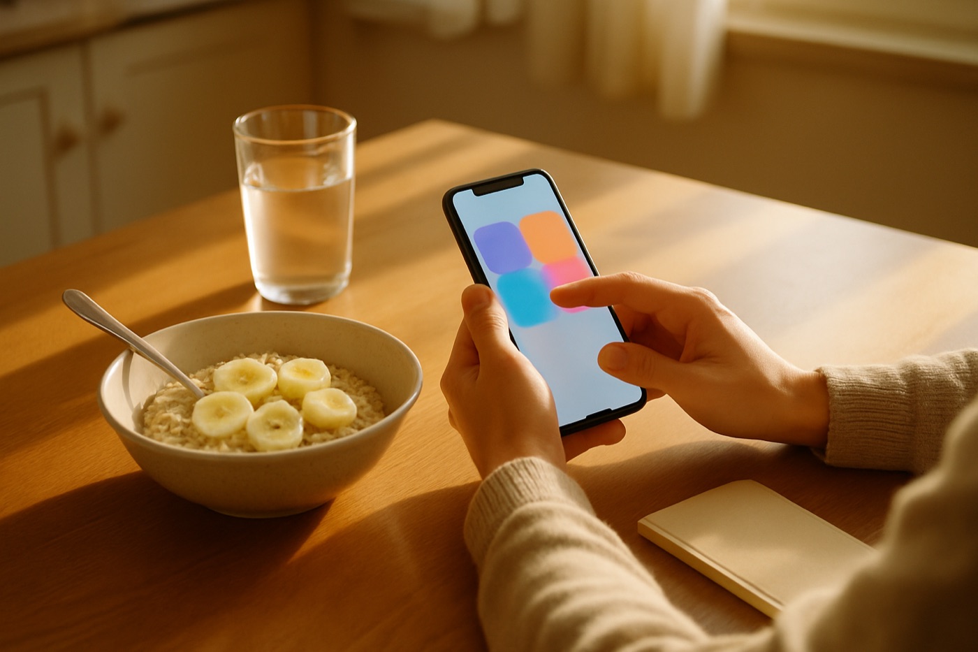A person at a kitchen table setting up an app on a phone next to a bowl of oatmeal with banana and a glass of water