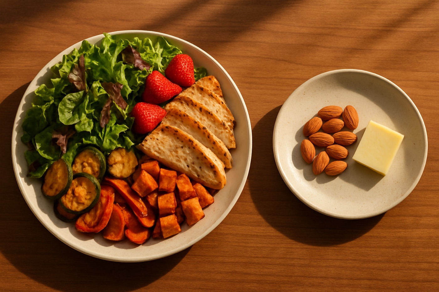 A large plate of salad, strawberries, chicken and roasted vegetables beside a small plate with a few almonds and a square of cheese