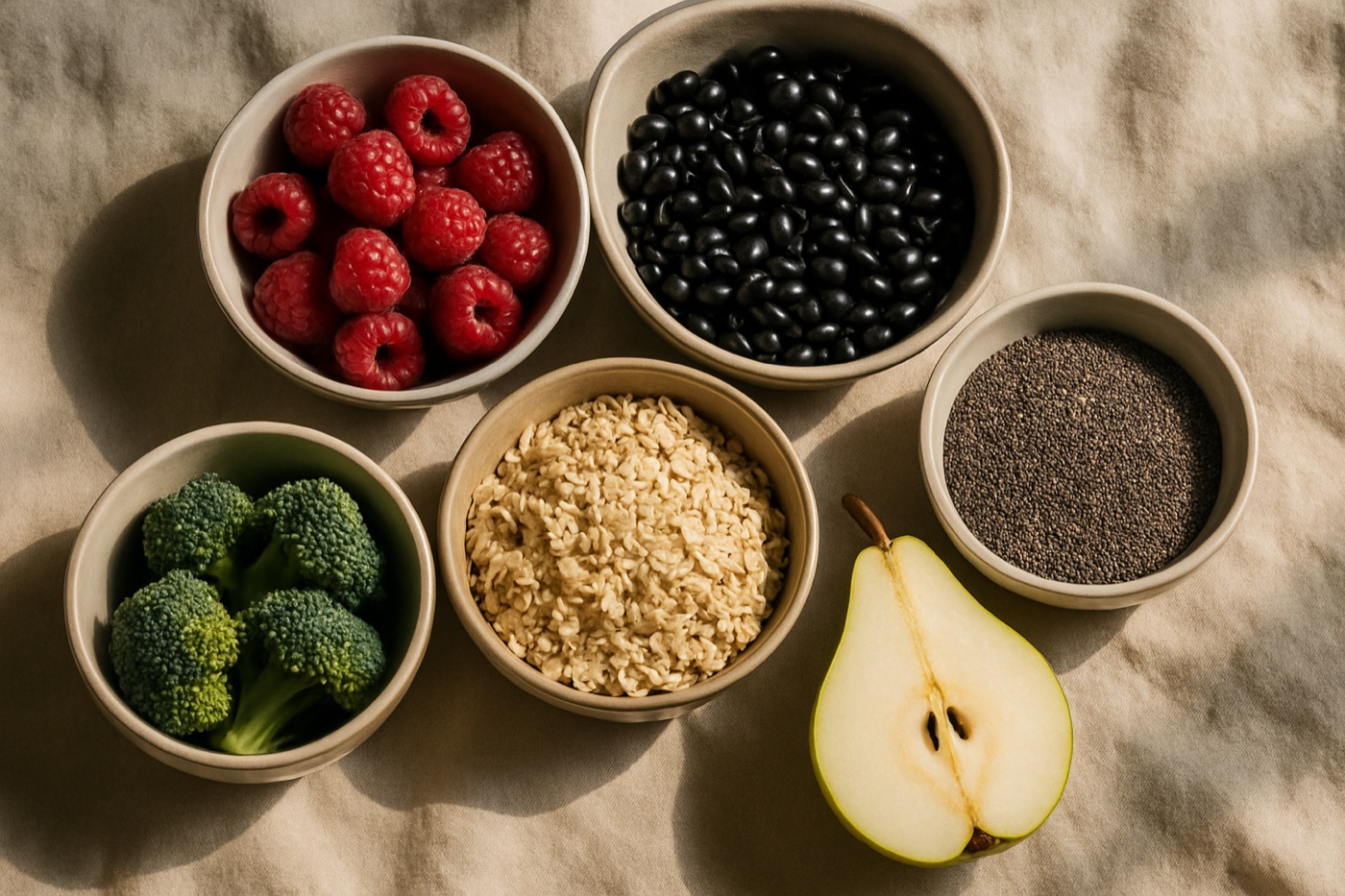 Bowls of raspberries, black beans, rolled oats, broccoli, a sliced pear and chia seeds on linen