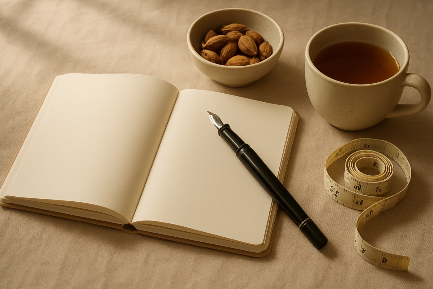 An open notebook, a pen, a bowl of almonds, a measuring tape and a cup of tea on linen
