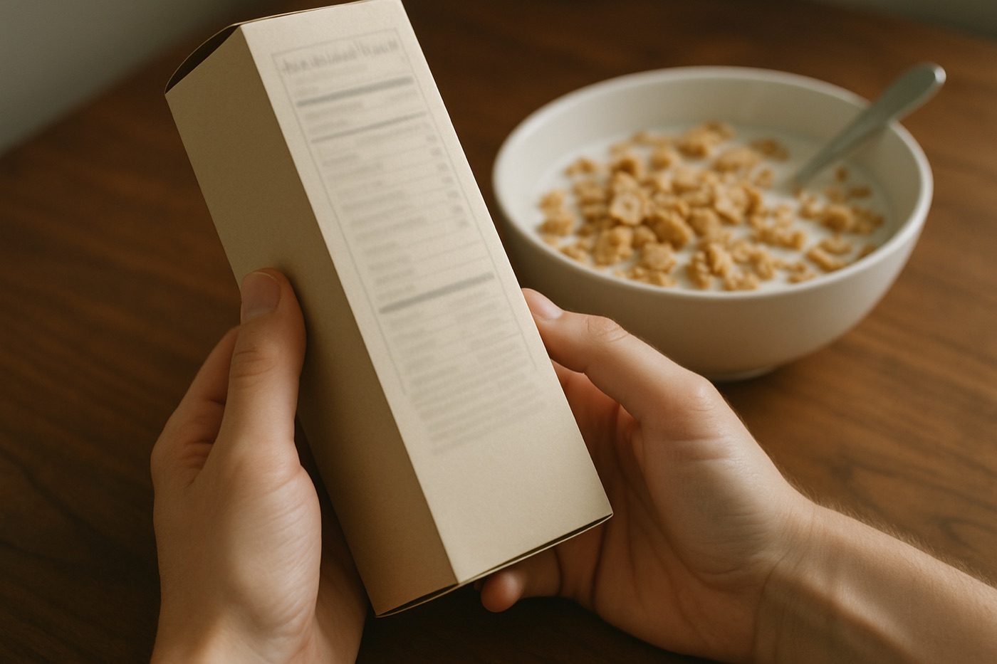 Hands holding a cereal box turned to its side panel next to a bowl of cereal with milk