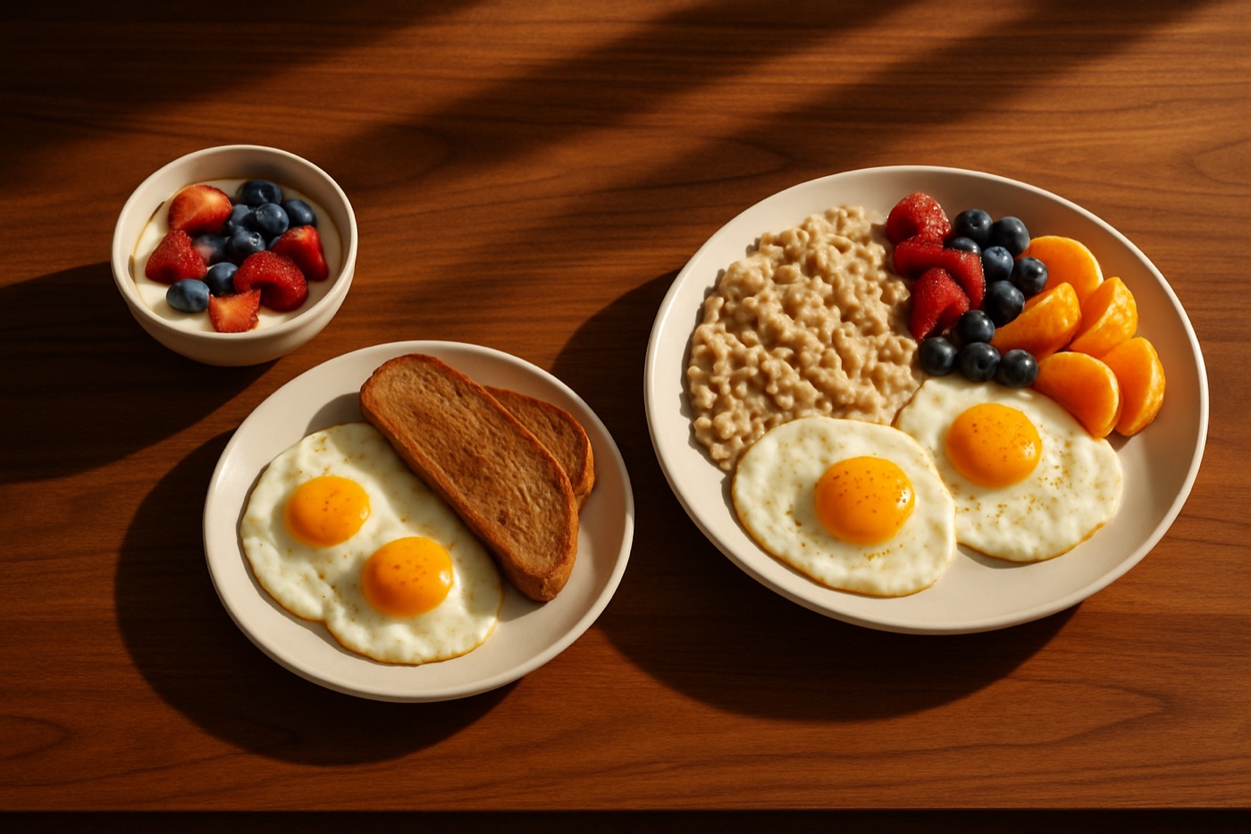 Three breakfast plates of different sizes on a long wooden table in morning light