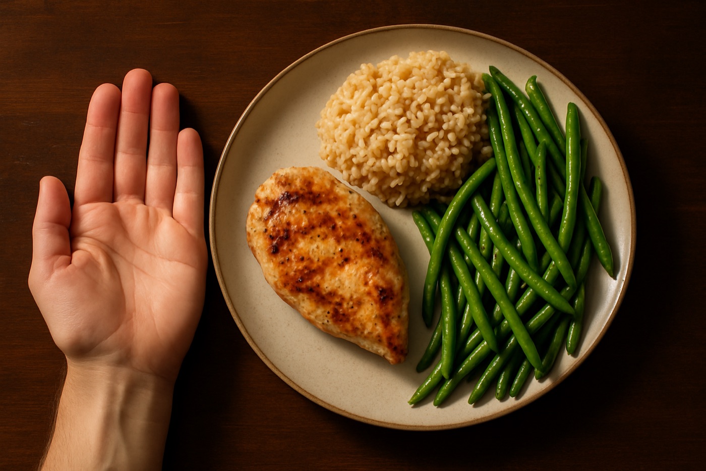 A dinner plate with a palm-sized piece of chicken, a fist-sized portion of rice and green beans, with an open hand beside it for scale