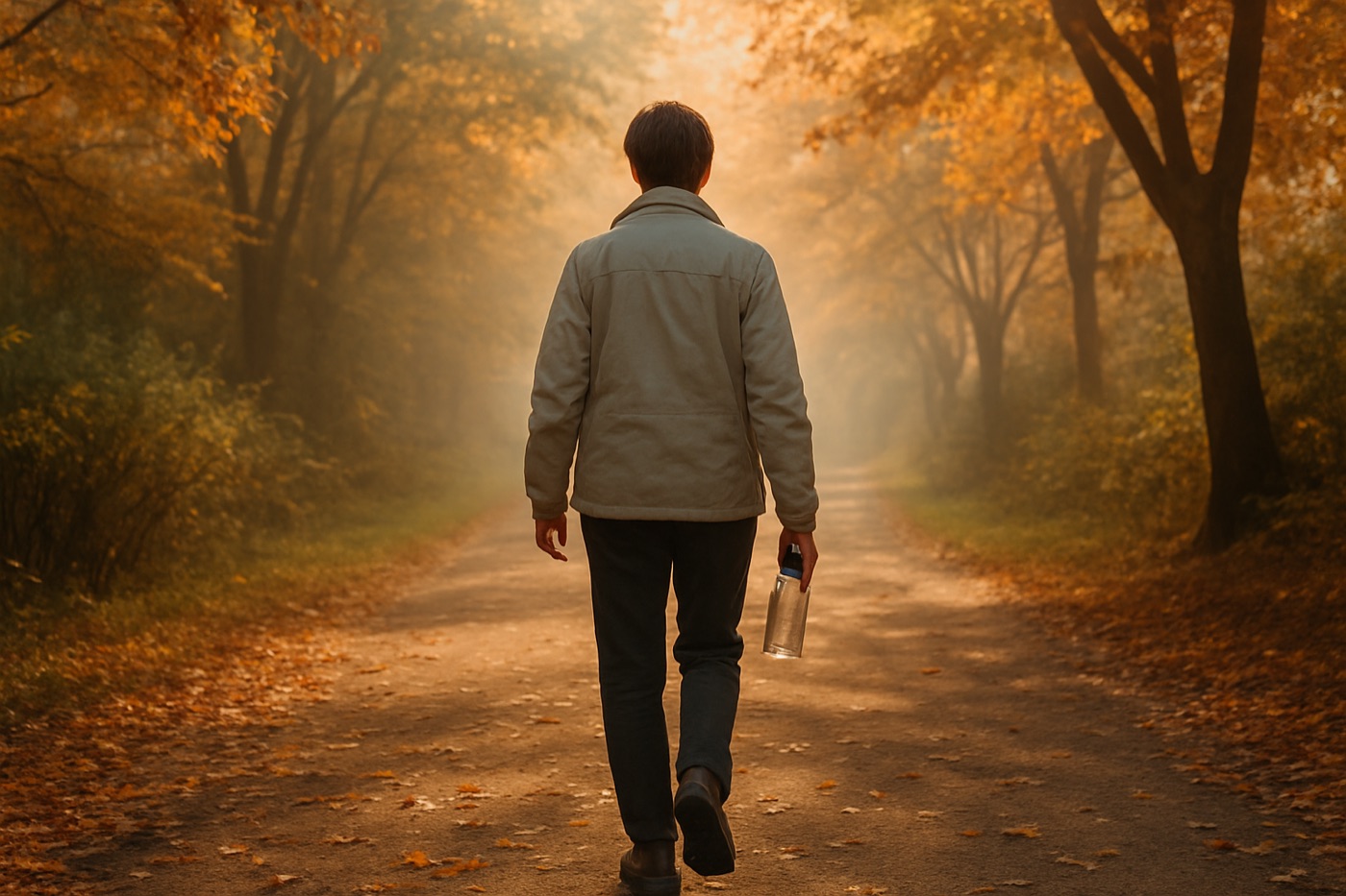 A person walking alone on a tree-lined path in autumn morning light, seen from behind