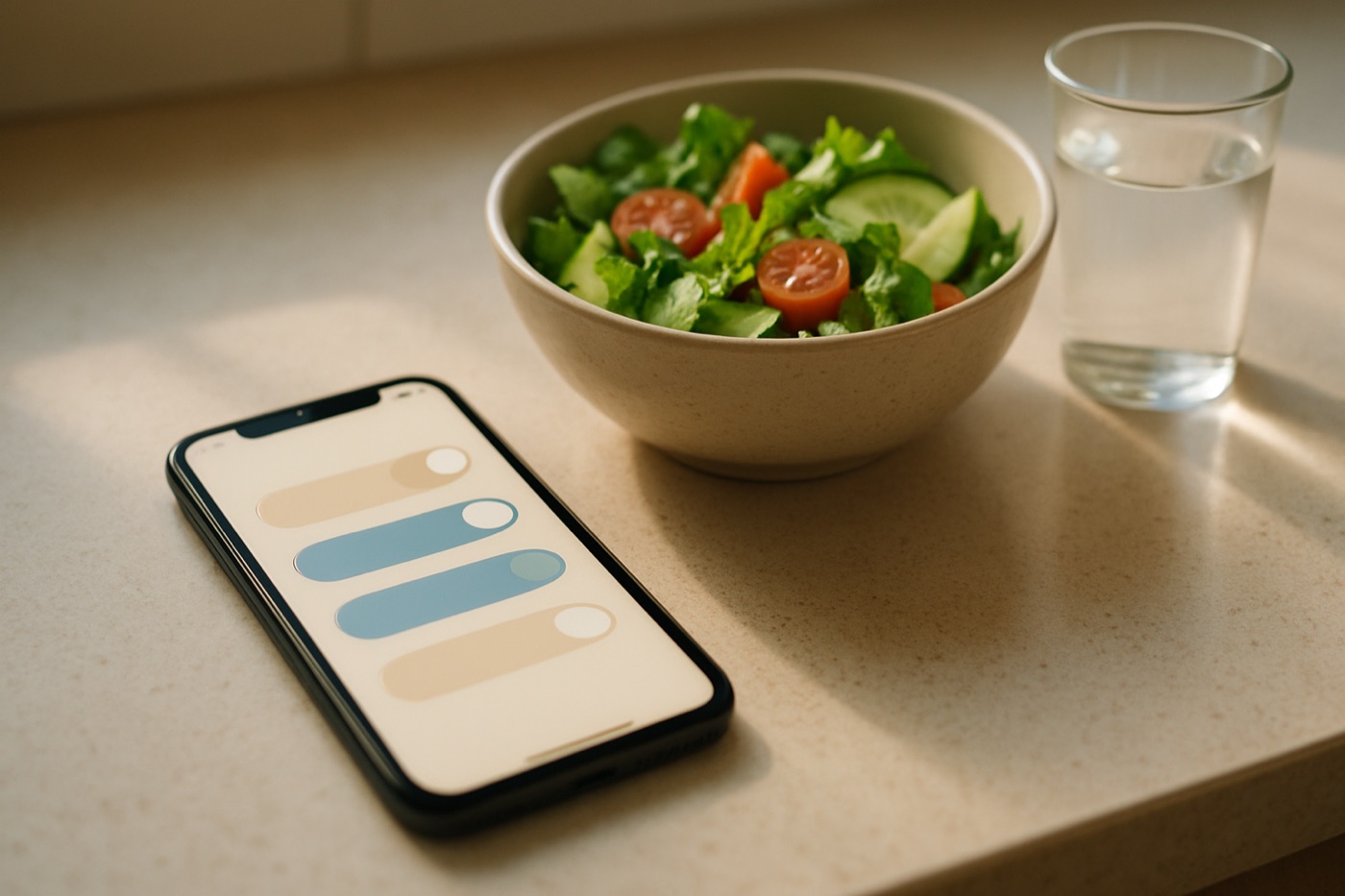 A phone lying on a kitchen table showing a settings screen, next to a bowl of salad and a glass of water