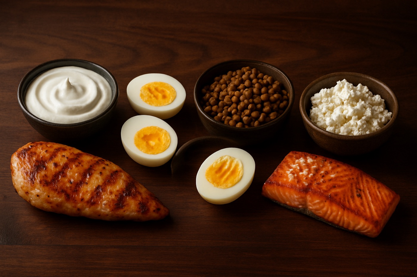 Grilled chicken, Greek yogurt, boiled eggs, lentils, cottage cheese and salmon arranged on a wooden table