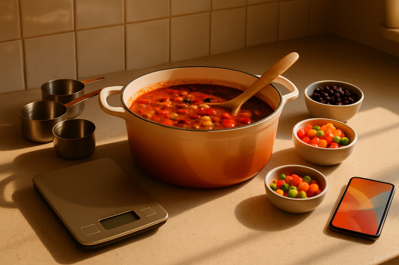 A pot of vegetable chili on a kitchen counter with measuring cups, a kitchen scale and chopped vegetables