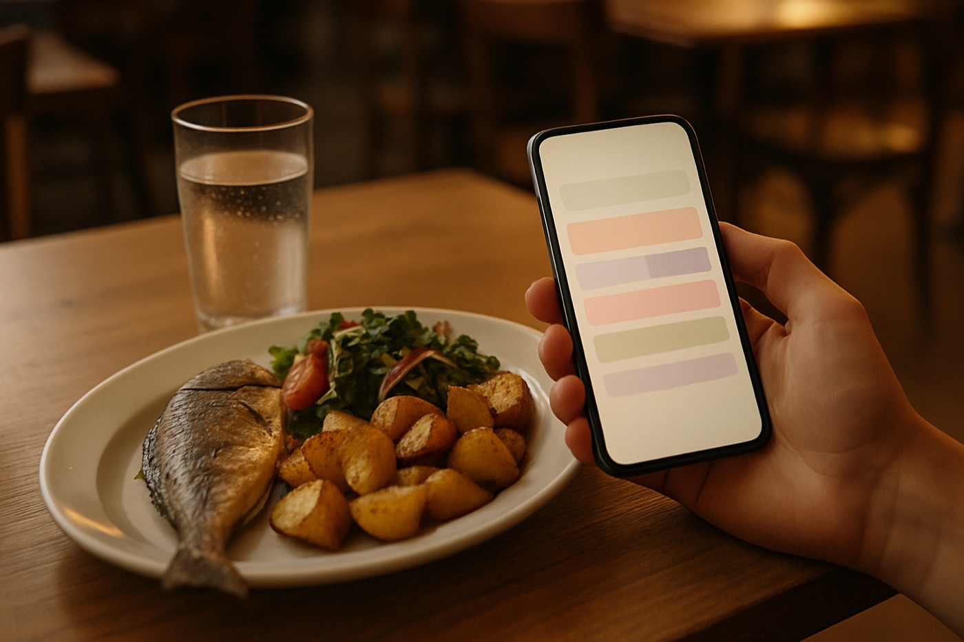 A plate of grilled fish with roasted potatoes and salad on a restaurant table, with a phone showing a food diary