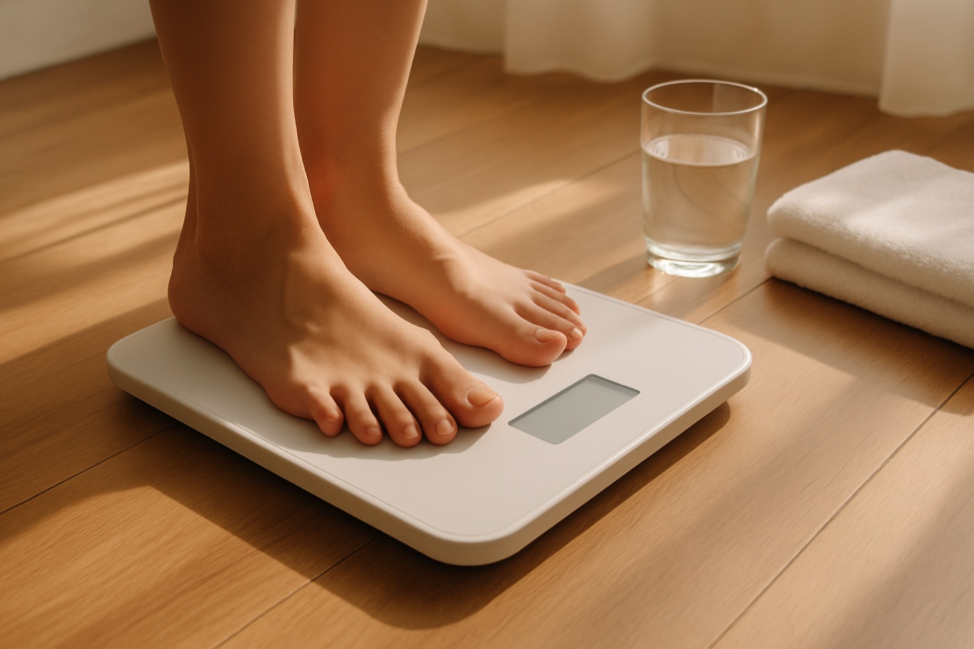 Bare feet stepping onto a white bathroom scale on a wooden floor in morning light