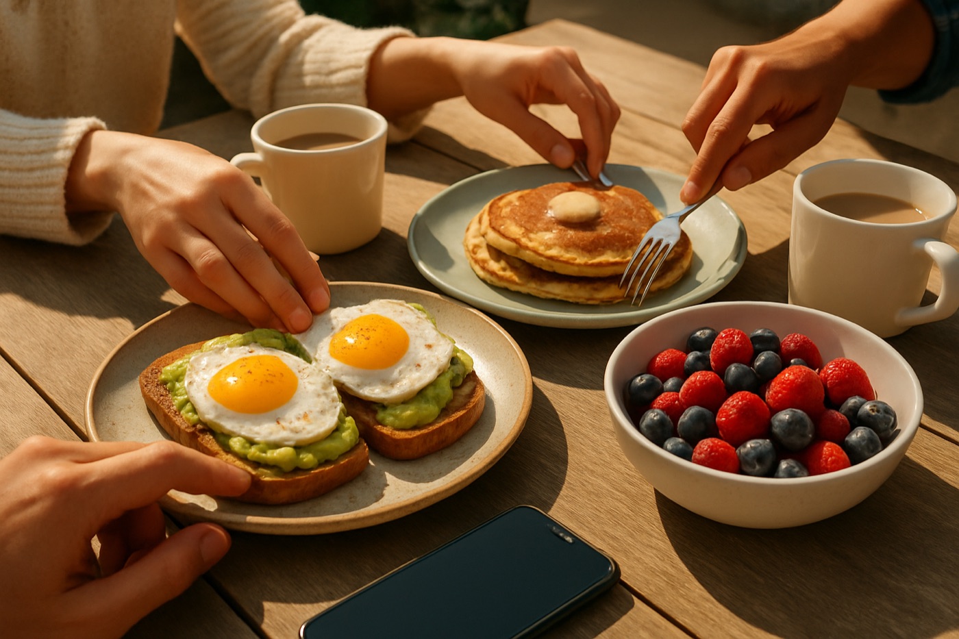 A sunny weekend brunch table with avocado toast, eggs, berries, pancakes and coffee cups