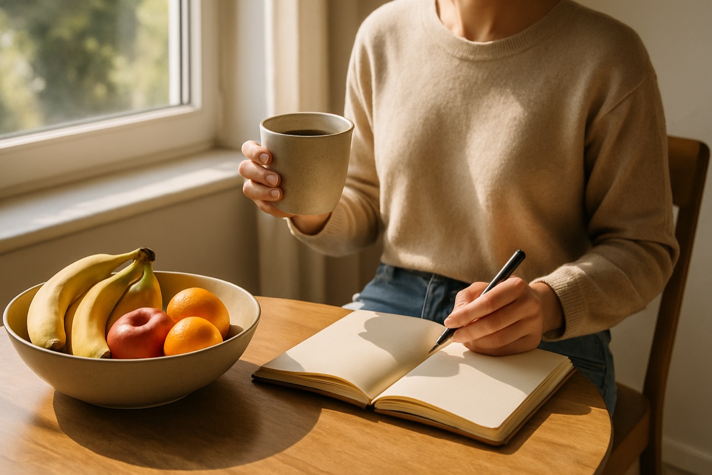 A person sitting by a sunny window with a cup of tea and a notebook, a bowl of fruit on the table
