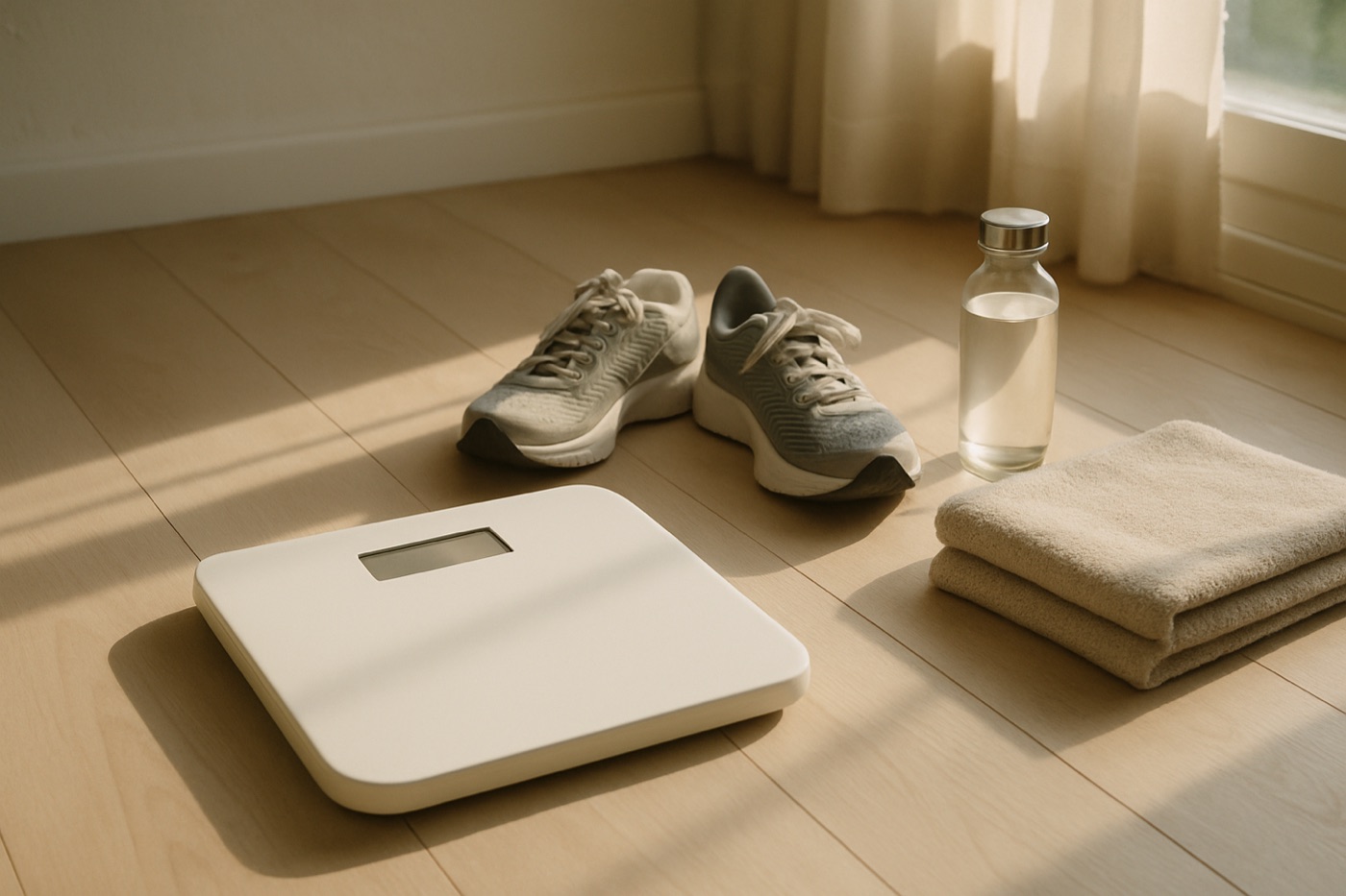 A white bathroom scale on a pale wooden floor next to running shoes, a towel and a water bottle in morning light